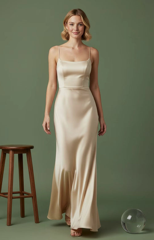 Champagne satin square-neck dress with fitted bodice and clean seam detailing, close-up

