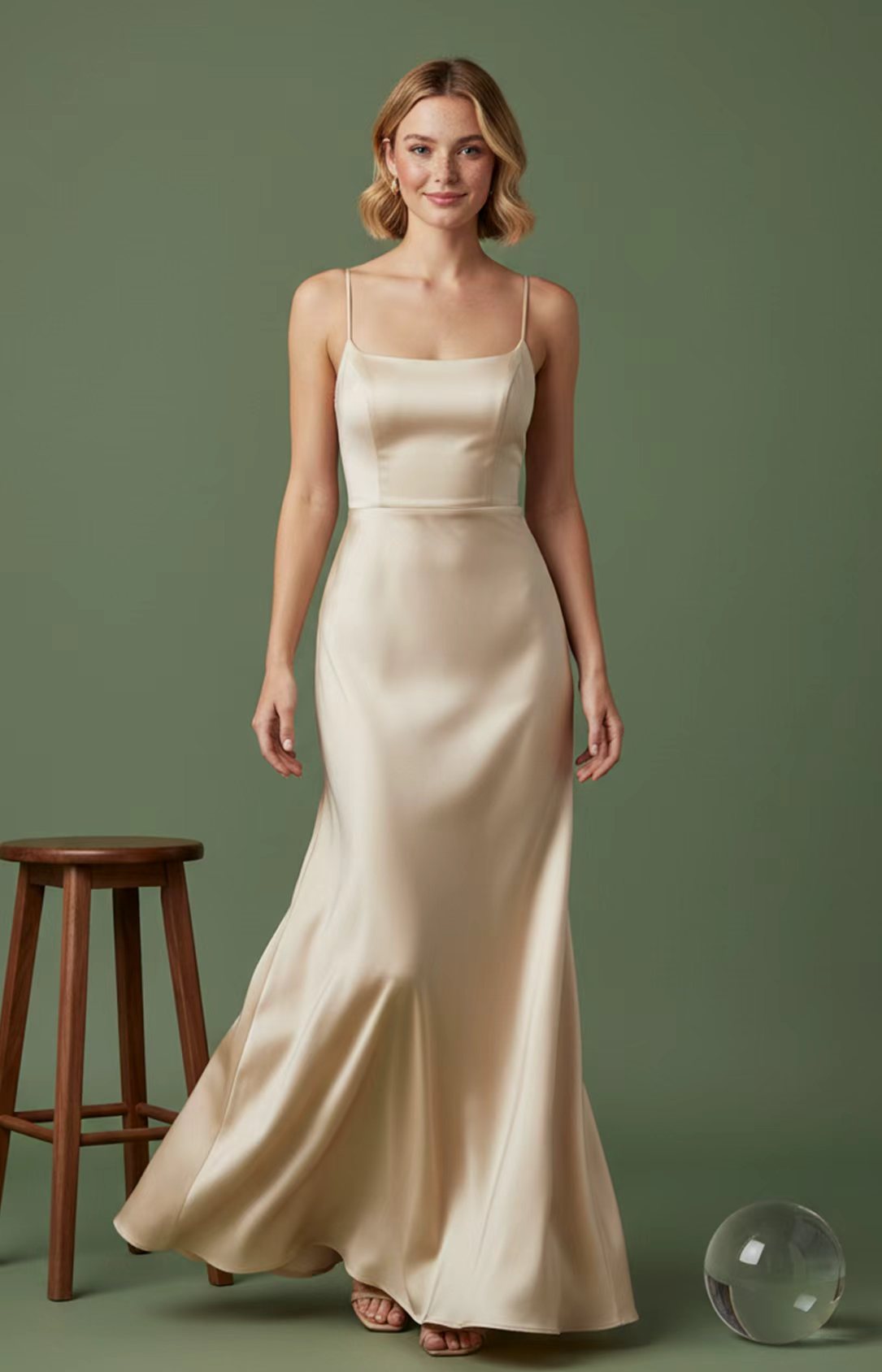 Champagne satin square-neck mermaid evening dress with spaghetti straps, front view