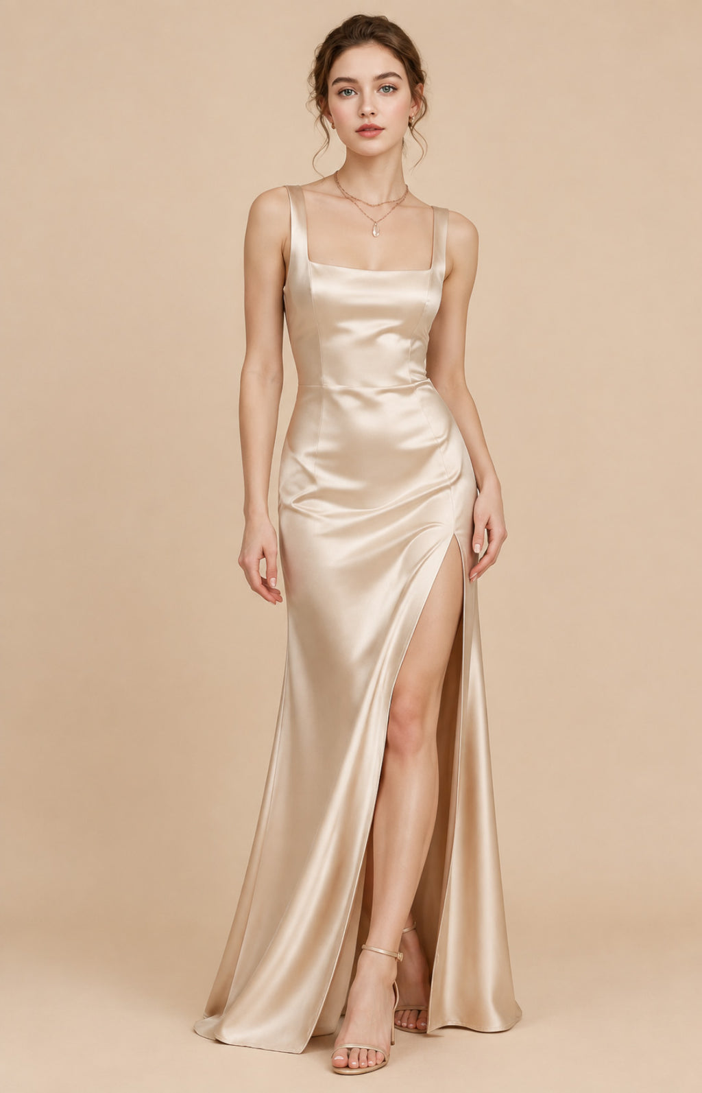 Champagne satin square neck mermaid evening dress with high slit, front view