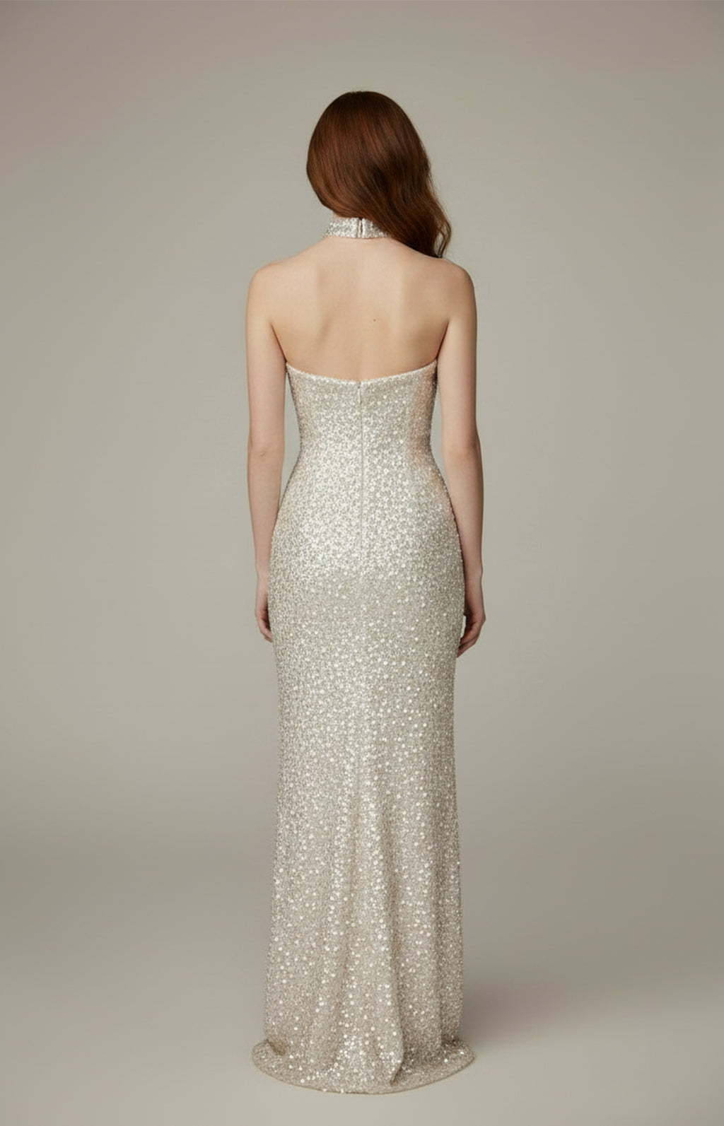 Champagne sequin strapless mermaid formal dress back view, zipper closure, matching sequin choker, floor length evening gown