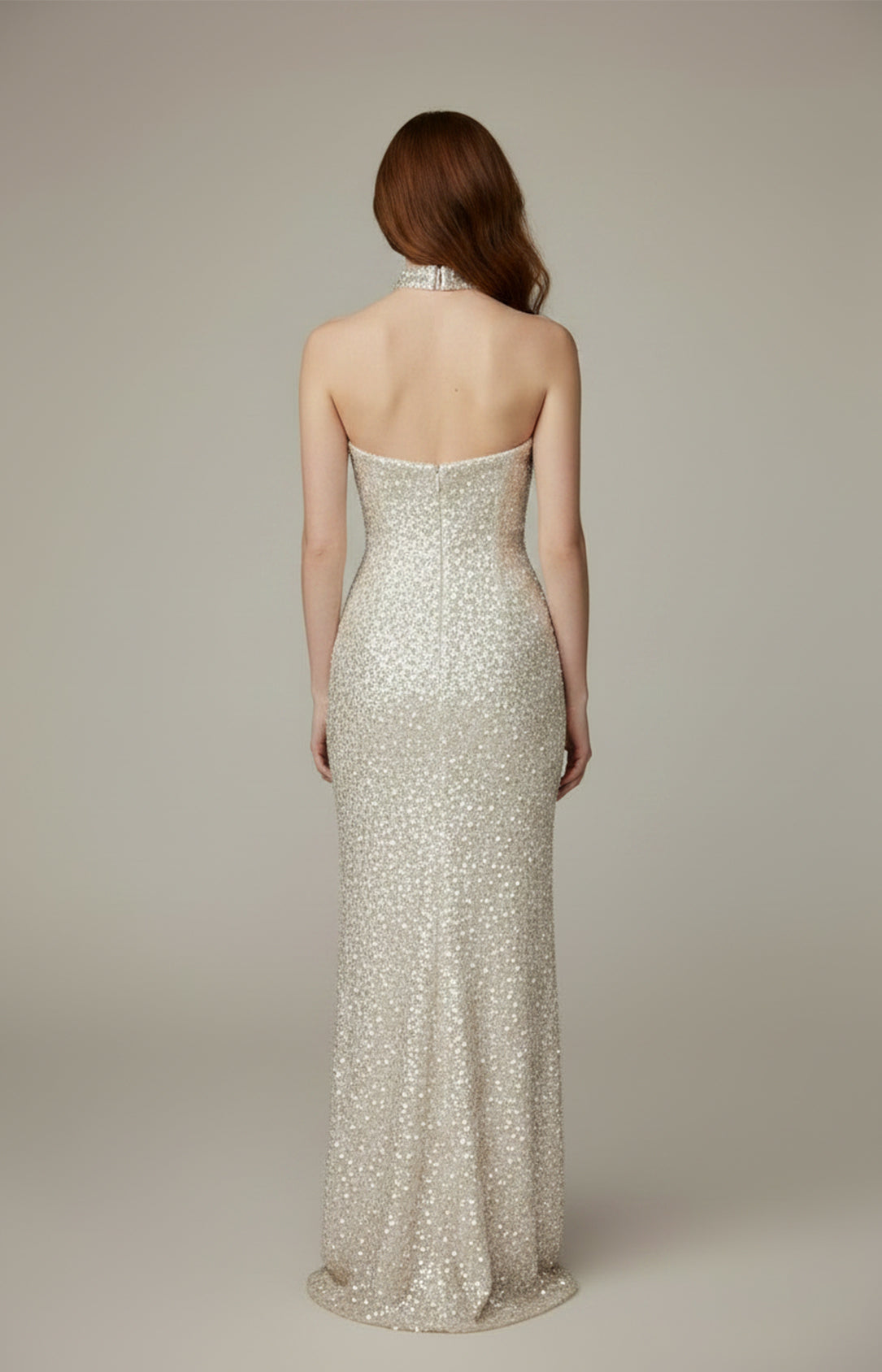 Champagne sequin strapless mermaid formal dress back view, zipper closure, matching sequin choker, floor length evening gown