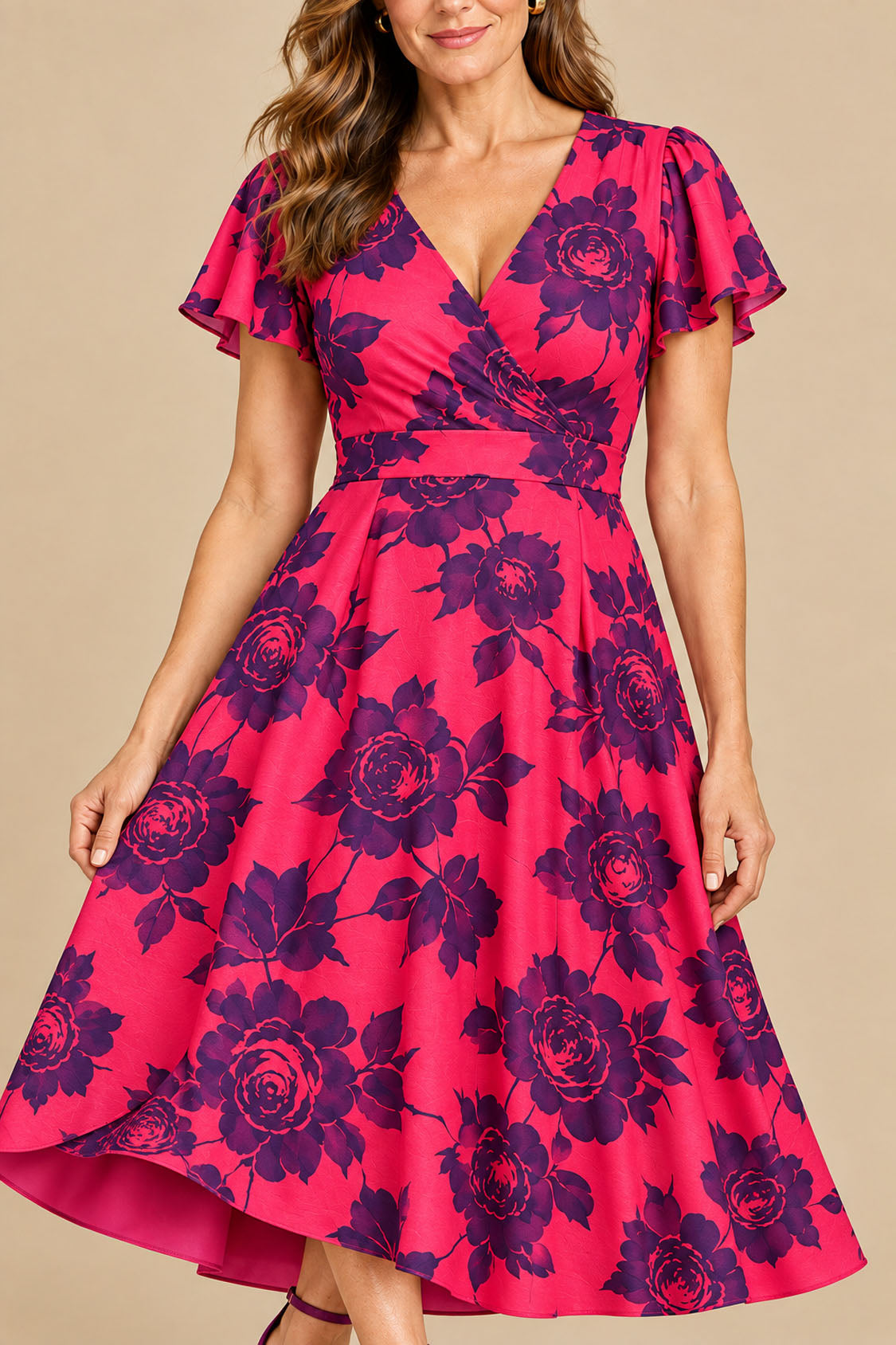 Close-up of fuchsia and plum floral crepe fabric with high-low hem detail
