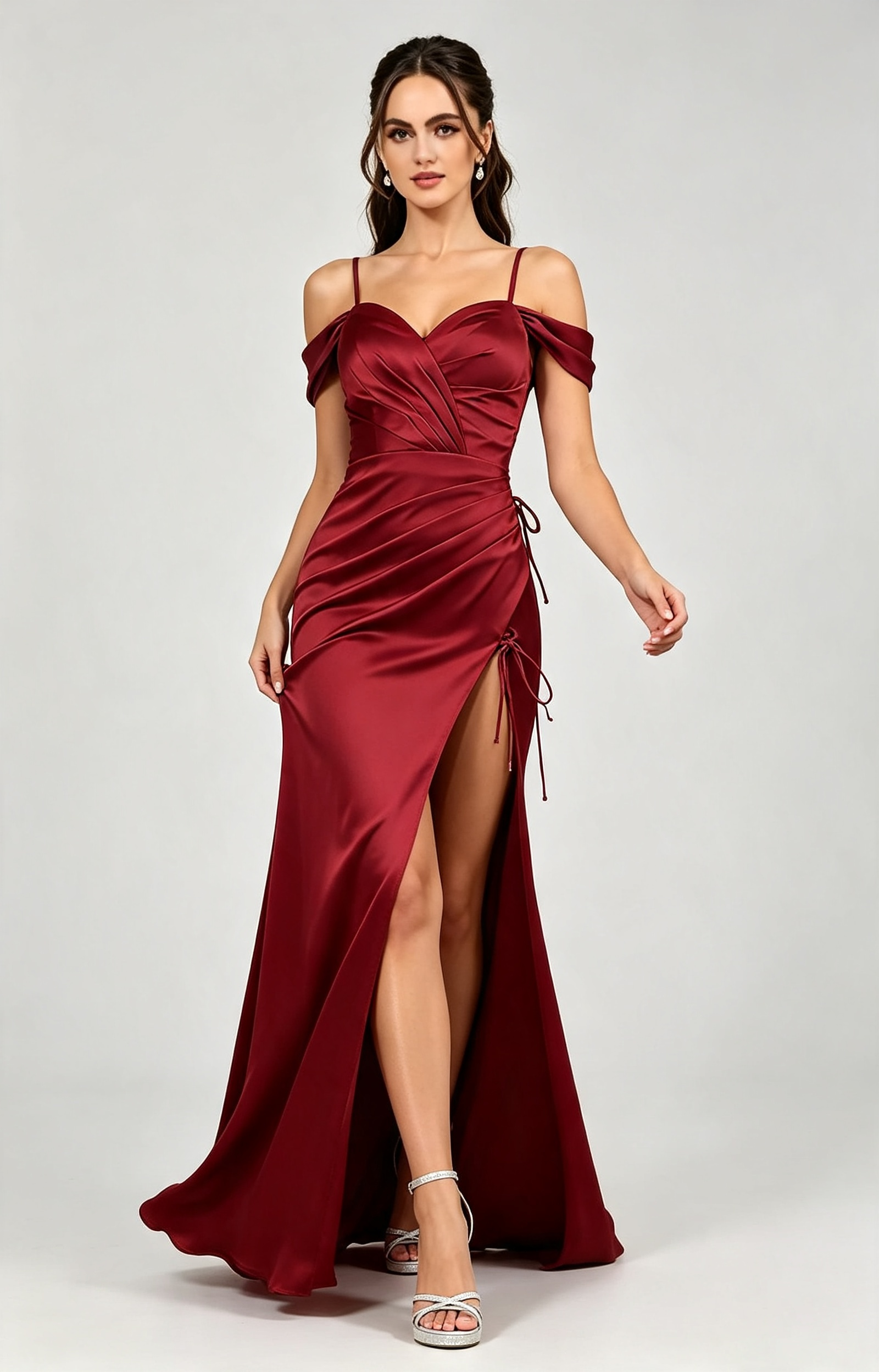 Elegant Mermaid Off-the-Shoulder Short-Sleeve Satin Floor-Length Corset-Back Formal Prom Dress