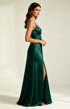 Dark Emerald Spaghetti Strap V Neck Satin Bridesmaid Dress Side  View