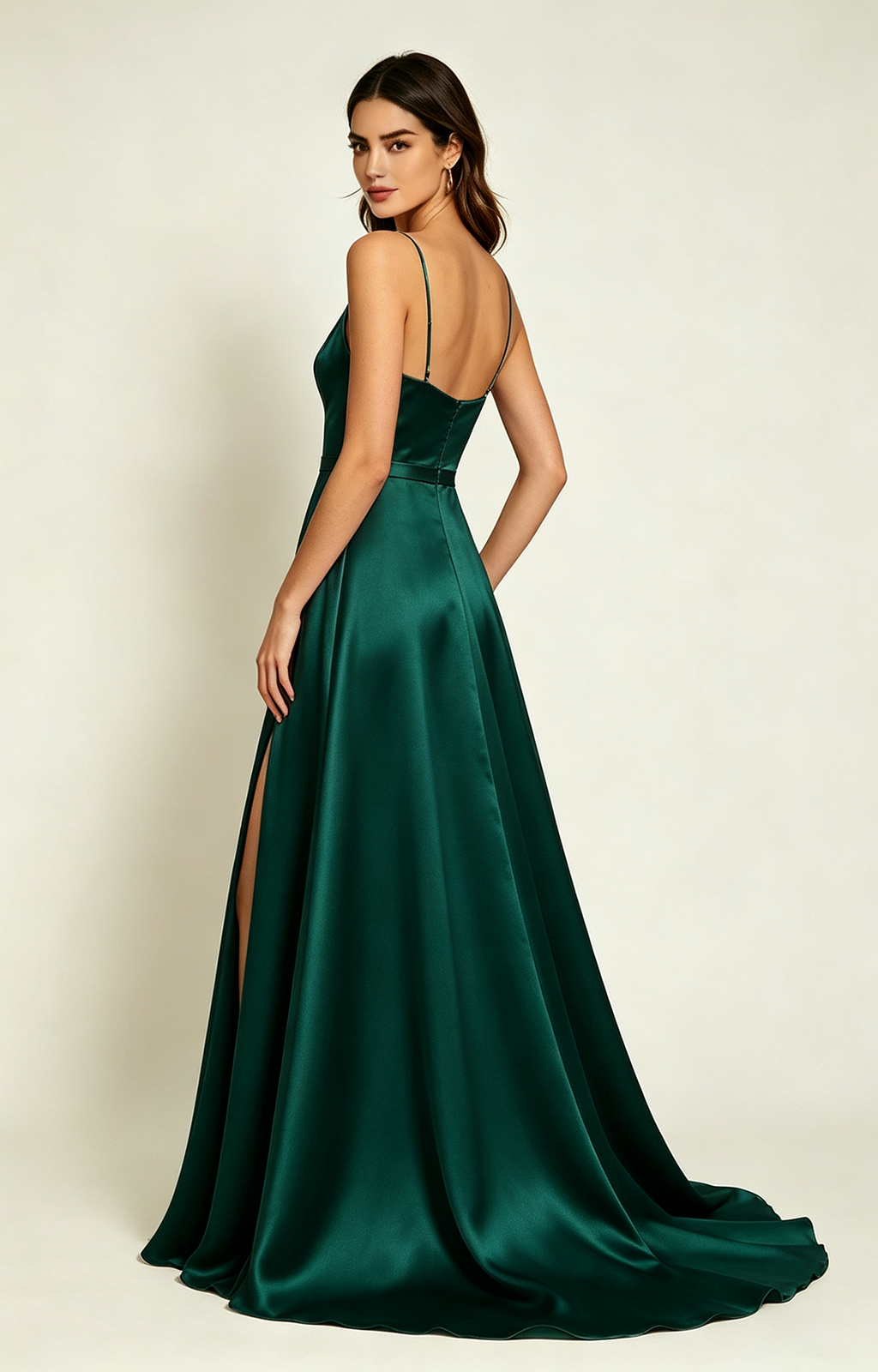 Dark Emerald Spaghetti Strap V Neck Satin Bridesmaid Dress BackView