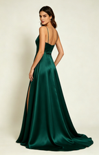 Dark Emerald Spaghetti Strap V Neck Satin Bridesmaid Dress BackView