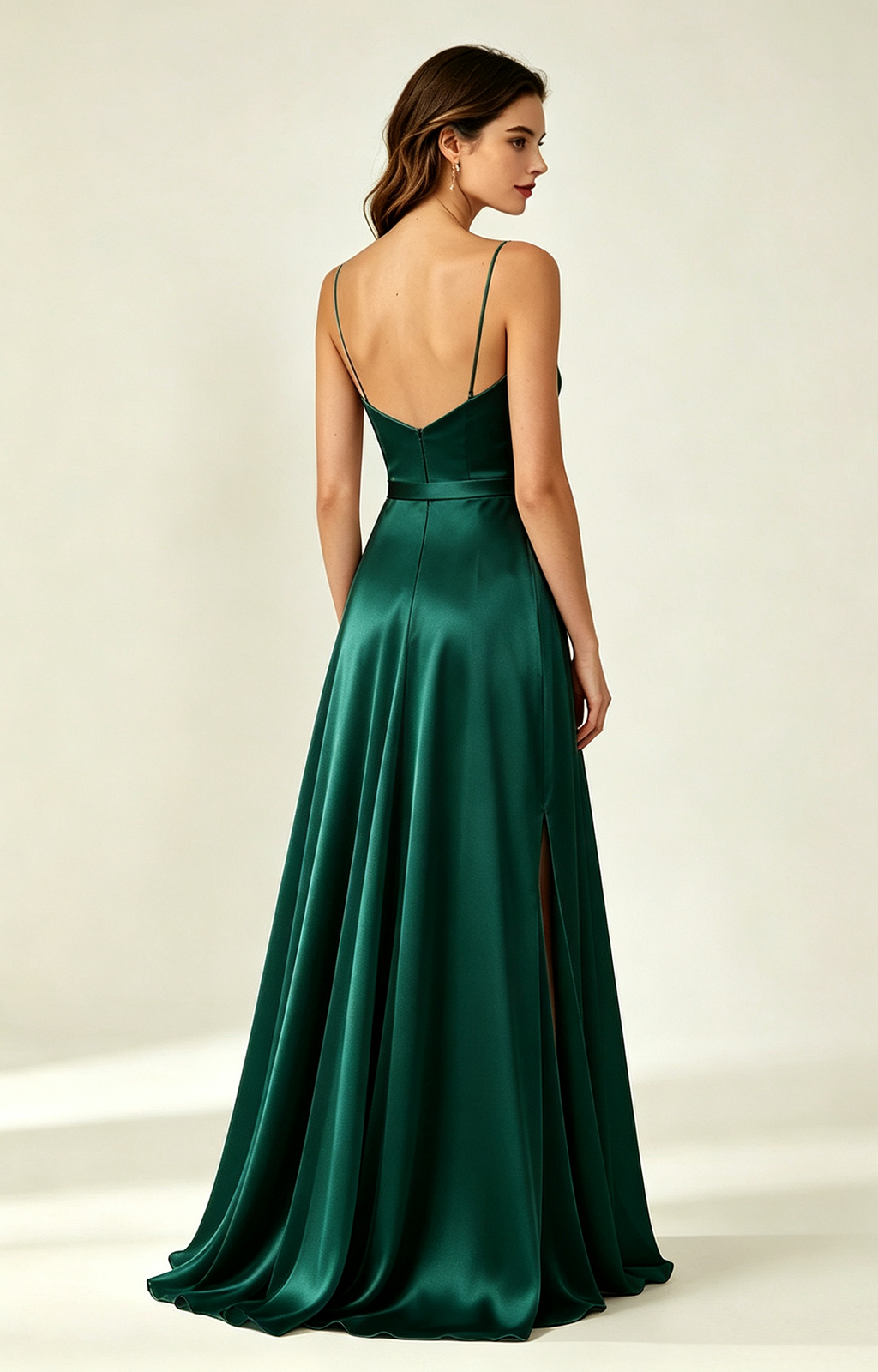 Dark Emerald Spaghetti Strap V Neck Satin Bridesmaid Dress Back View