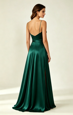Dark Emerald Spaghetti Strap V Neck Satin Bridesmaid Dress Back View