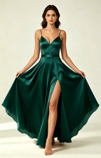 Dark Emerald Spaghetti Strap V Neck Satin Bridesmaid Dress Round View