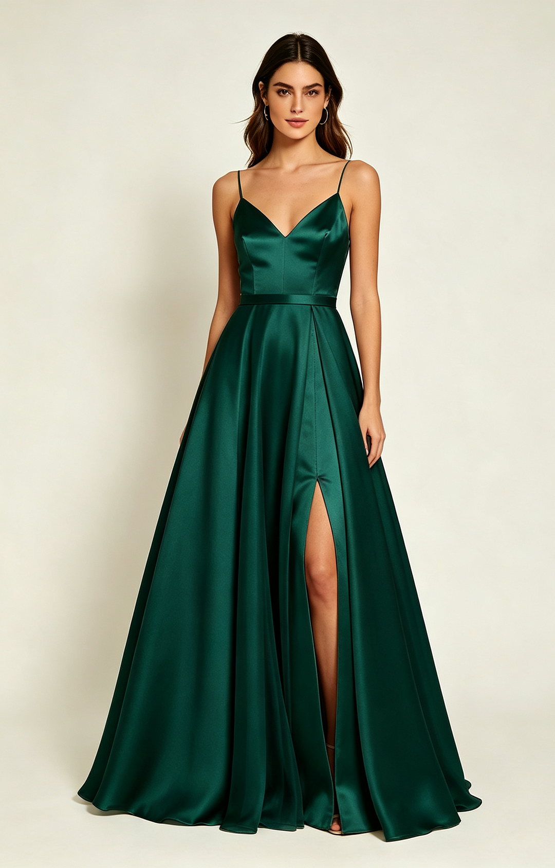 Dark Emerald Spaghetti Strap V Neck Satin Bridesmaid Dress Front View