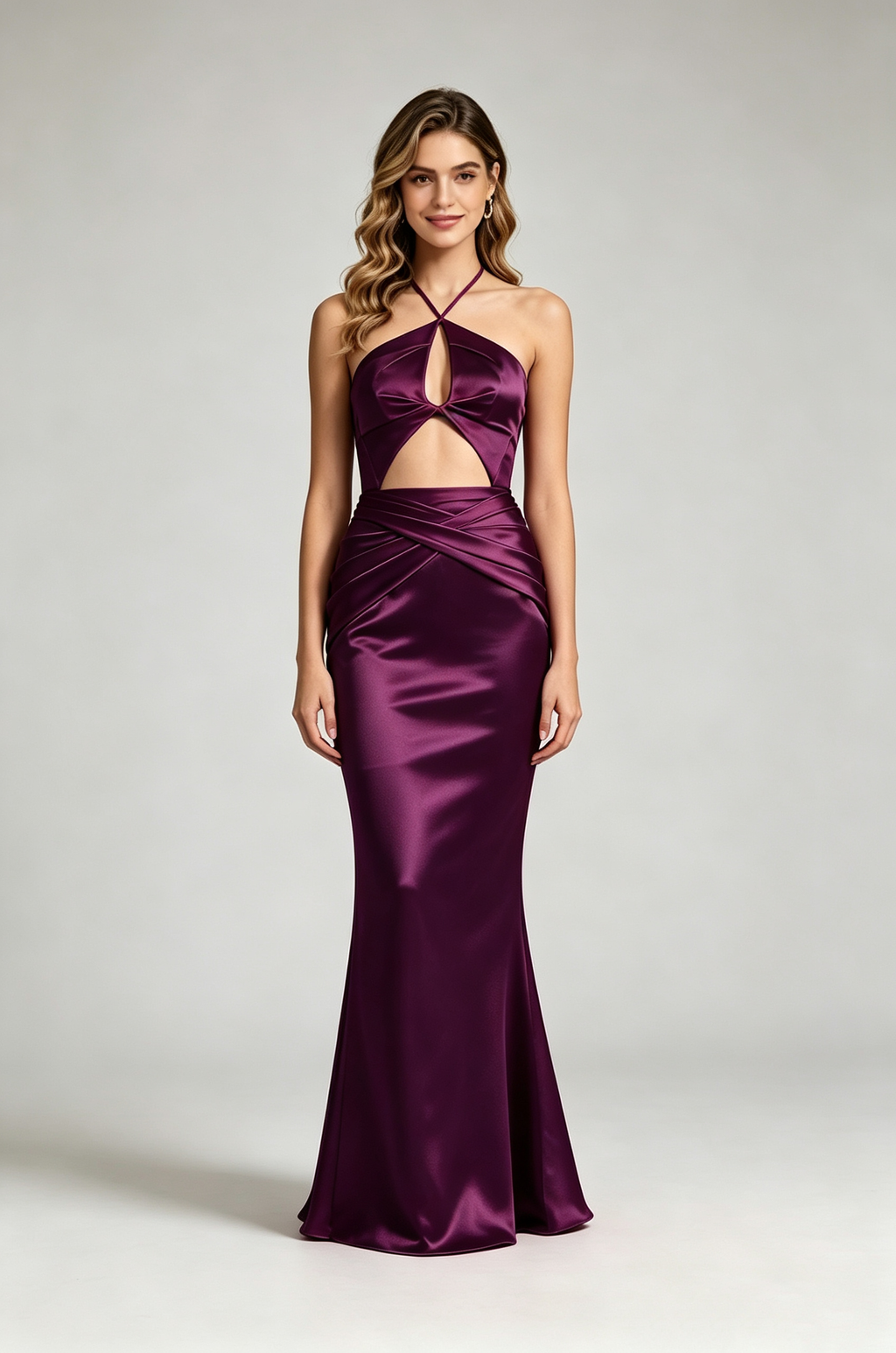 DeepPlum Halter Cutout Satin Mermaid Evening Gown Front View