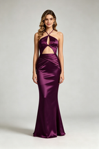 DeepPlum Halter Cutout Satin Mermaid Evening Gown Front View