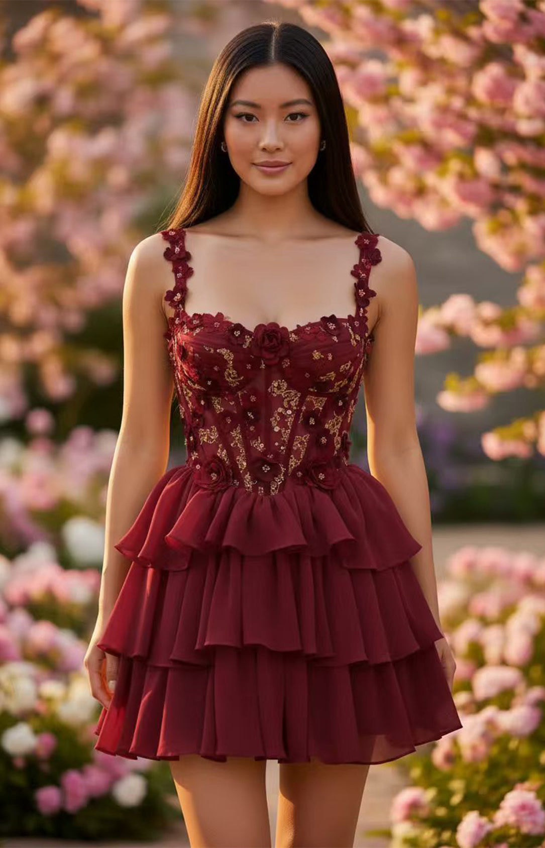 Deep Burgundy Red 3D floral applique corset tiered ruffle mini homecoming dress
