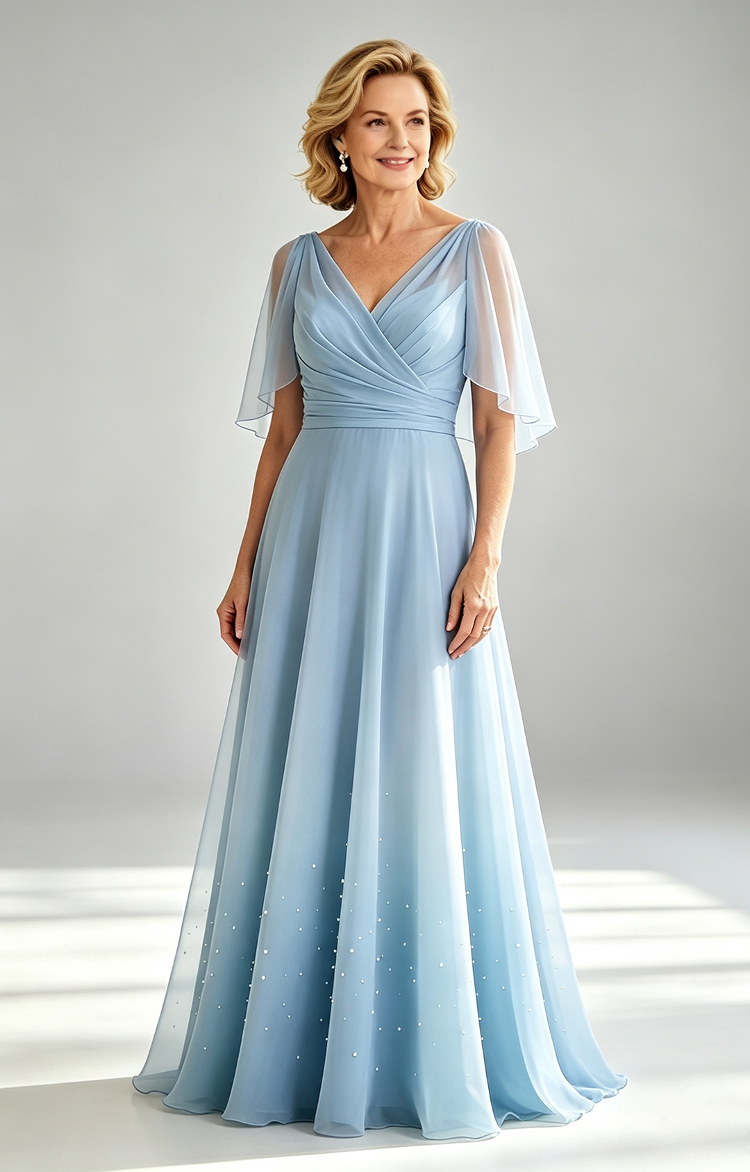 Dusty Sky Chiffon Mother of the Bride Dress V Neck Flutter Sleeve Beaded Formal Wedding Guest Gown Front