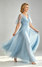 Dusty Sky Chiffon Mother of the Bride Dress V Neck Flutter Sleeve Beaded Formal Wedding Guest Gown Show