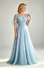 Dusty Sky Chiffon Mother of the Bride Dress V Neck Flutter Sleeve Beaded Formal Wedding Guest Gown round