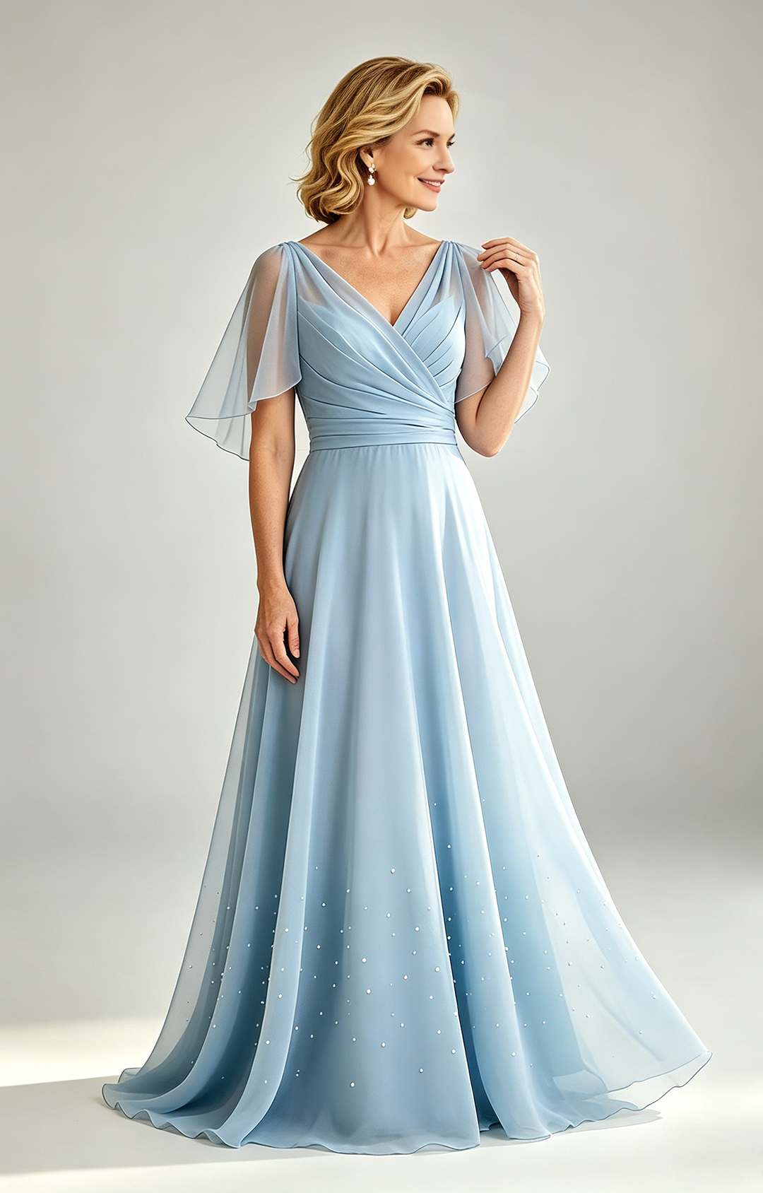 Dusty Sky Chiffon Mother of the Bride Dress V Neck Flutter Sleeve Beaded Formal Wedding Guest Gown round