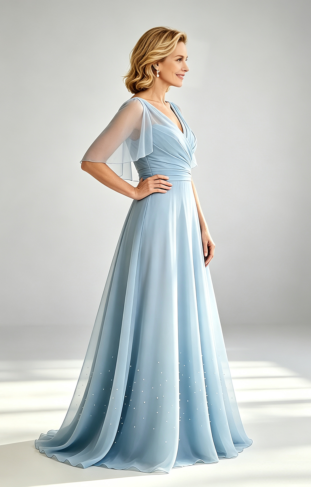 Dusty Sky Chiffon Mother of the Bride Dress V Neck Flutter Sleeve Beaded Formal Wedding Guest Gown Side
