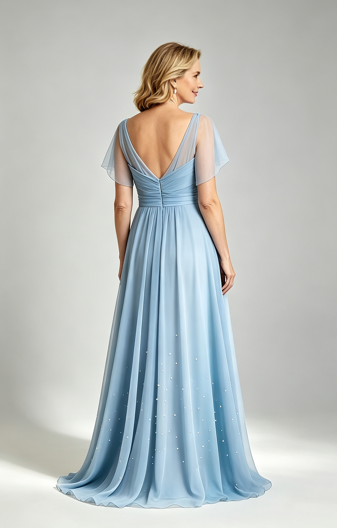 Dusty Sky Chiffon Mother of the Bride Dress V Neck Flutter Sleeve Beaded Formal Wedding Guest Gown Back