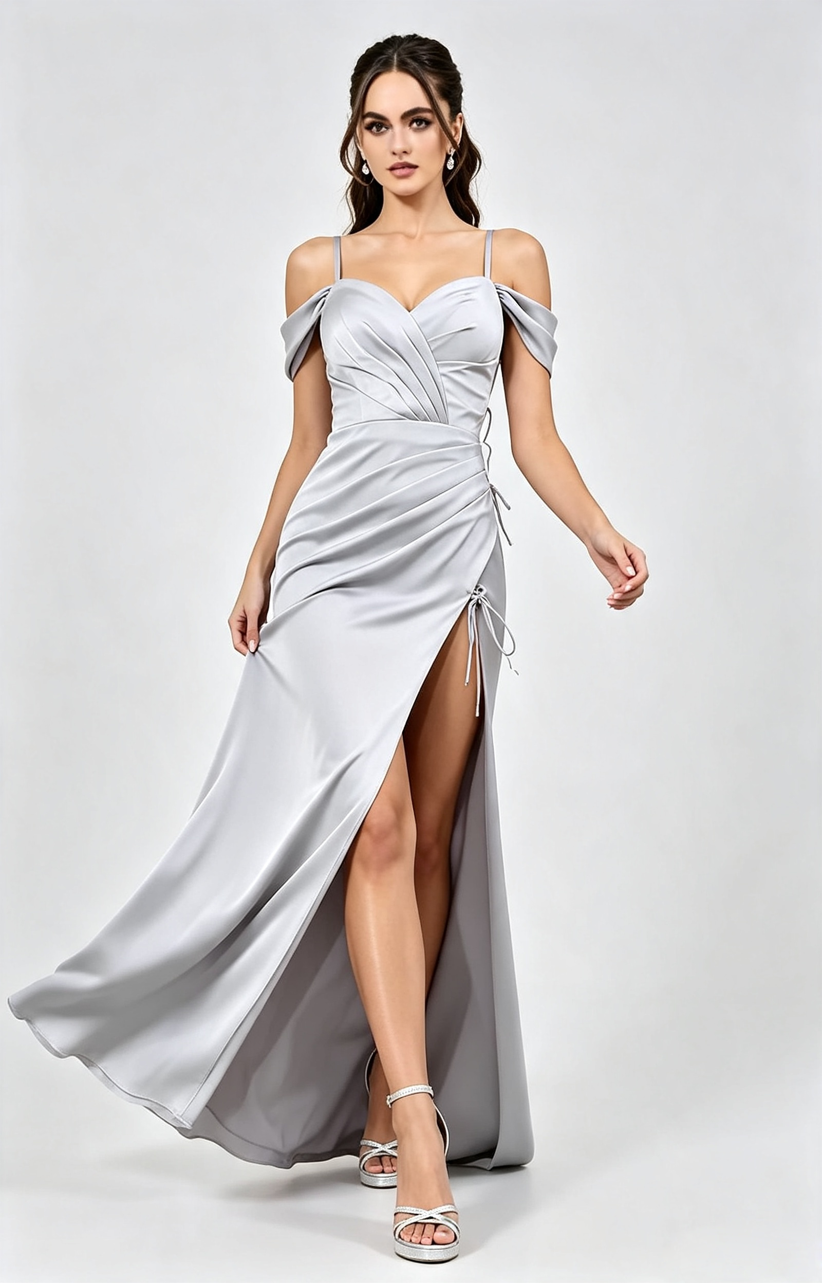Elegant Mermaid Off-the-Shoulder Short-Sleeve Satin Floor-Length Corset-Back Formal Prom Dress