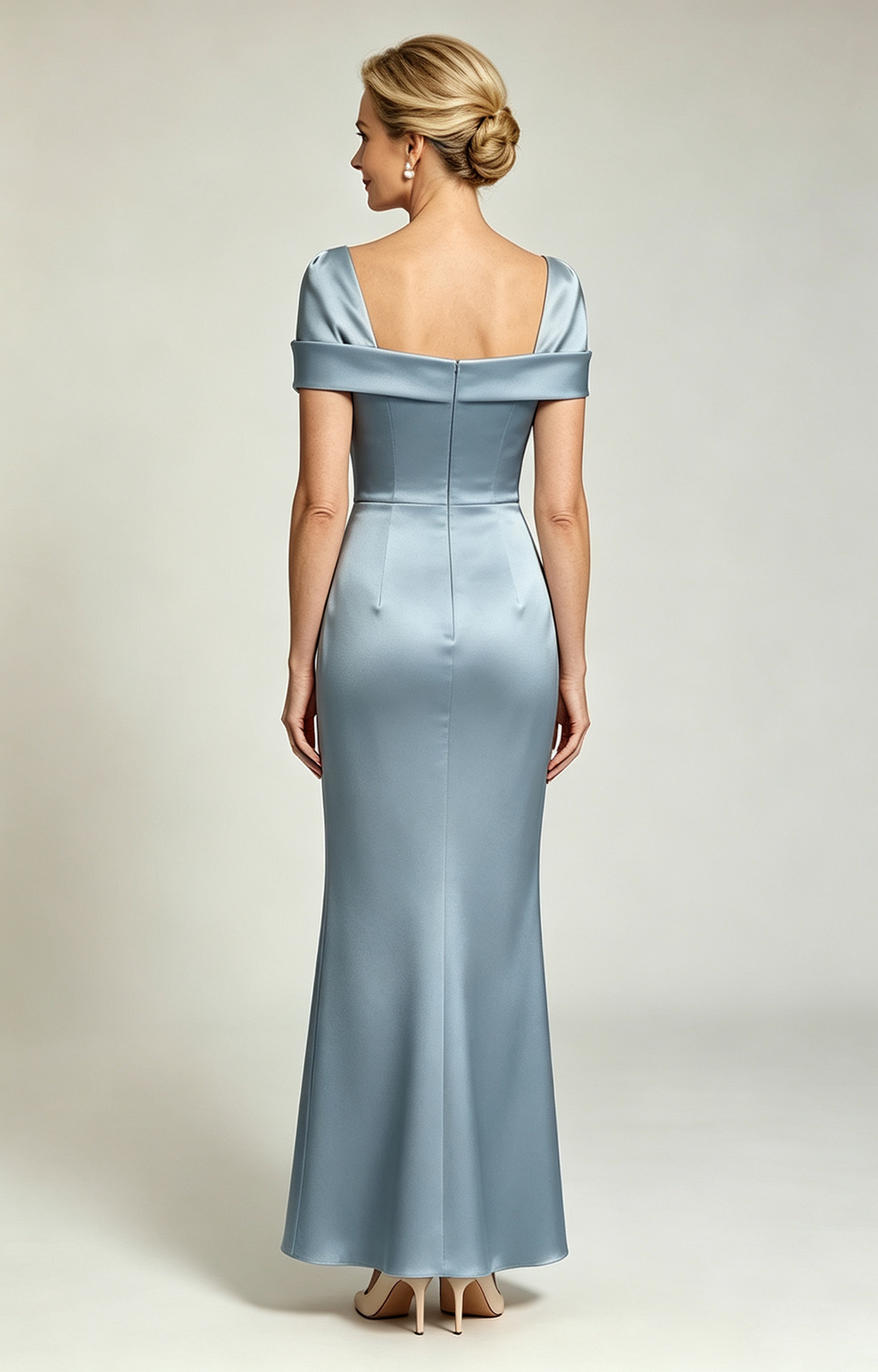 Dusty Blue Champagne Convertible Off Shoulder Satin Mermaid Evening Gown Formal Mother of Bride Dress Back Back View