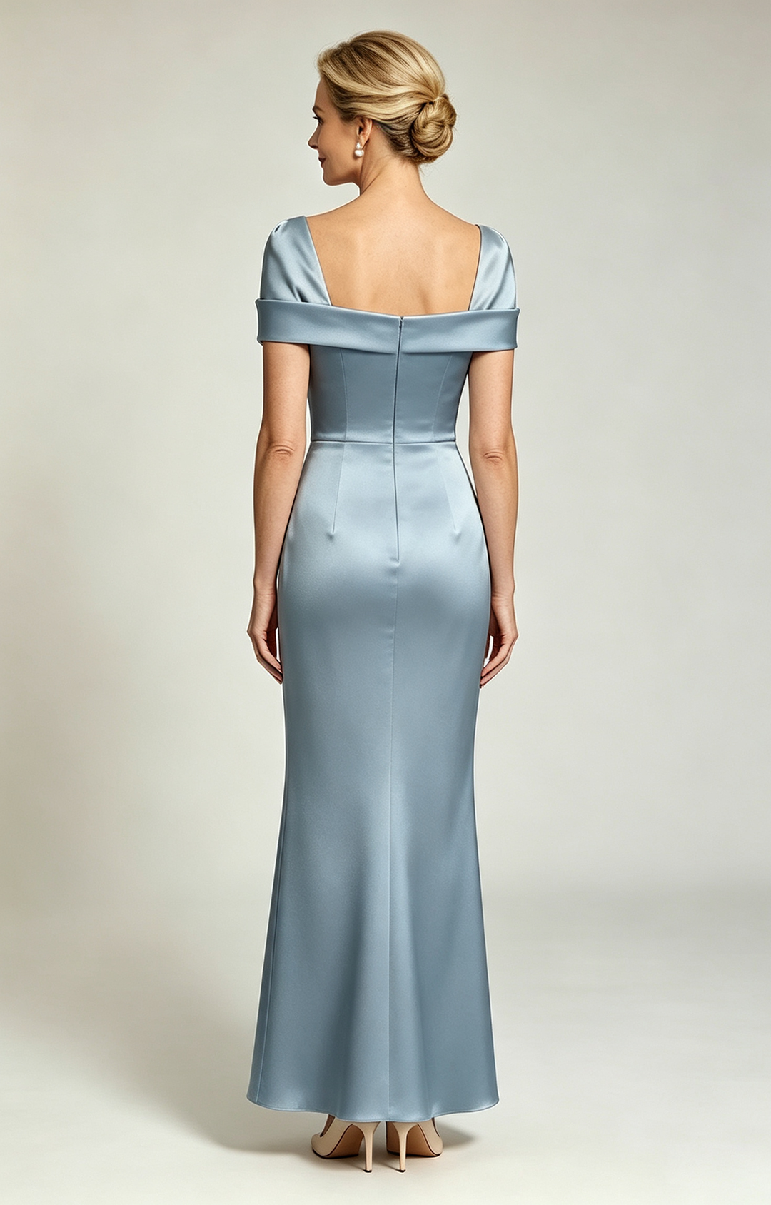 Dusty Blue Champagne Convertible Off Shoulder Satin Mermaid Evening Gown Formal Mother of Bride Dress Back Back View