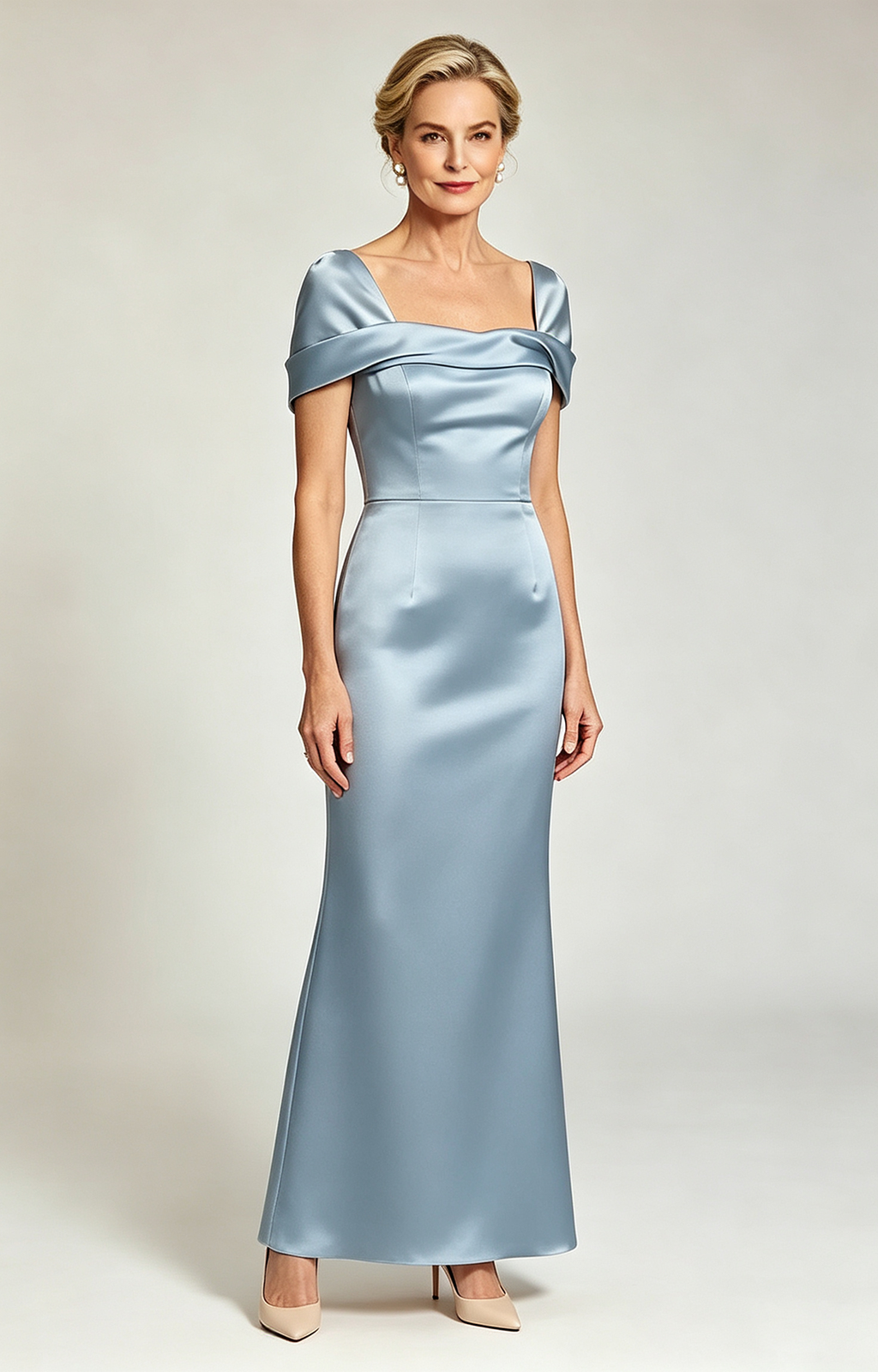 Dusty Blue Champagne Convertible Off Shoulder Satin Mermaid Evening Gown Formal Mother of Bride Dress Back Side Front View