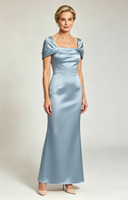 Dusty Blue Champagne Convertible Off Shoulder Satin Mermaid Evening Gown Formal Mother of Bride Dress Back Side Front View