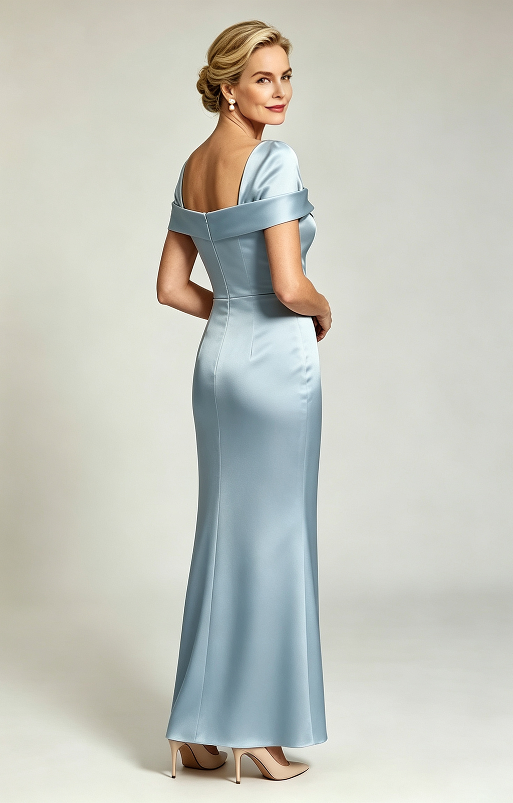 Dusty Blue Champagne Convertible Off Shoulder Satin Mermaid Evening Gown Formal Mother of Bride Dress Back Side View