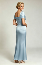 Dusty Blue Champagne Convertible Off Shoulder Satin Mermaid Evening Gown Formal Mother of Bride Dress Back Side View
