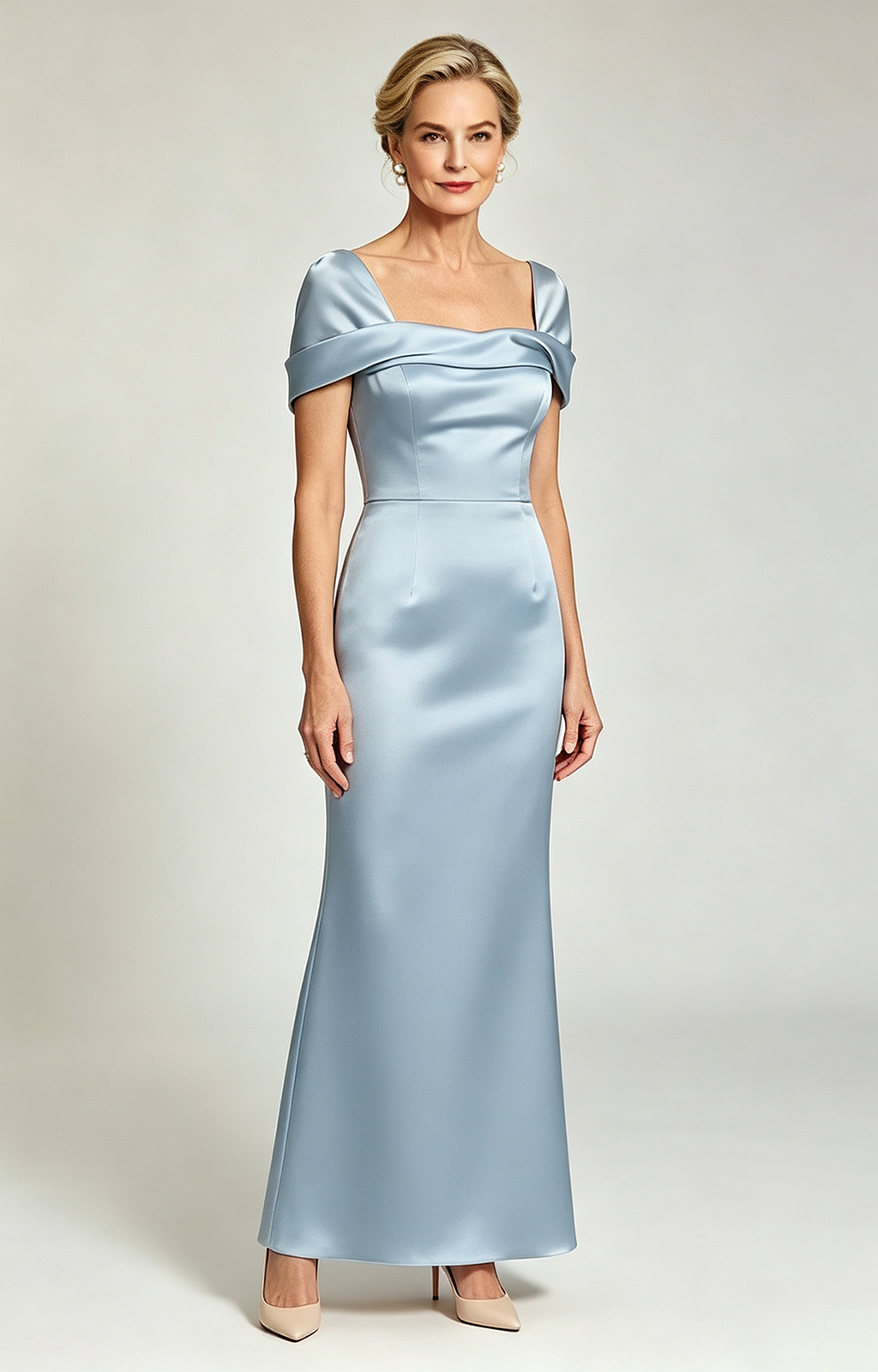 Dusty Blue Champagne Convertible Off Shoulder Satin Mermaid Evening Gown Formal Mother of Bride Dress FrontView