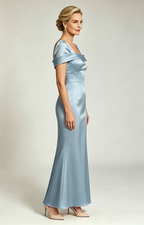 Dusty Blue Champagne Convertible Off Shoulder Satin Mermaid Evening Gown Formal Mother of Bride Dress Side View