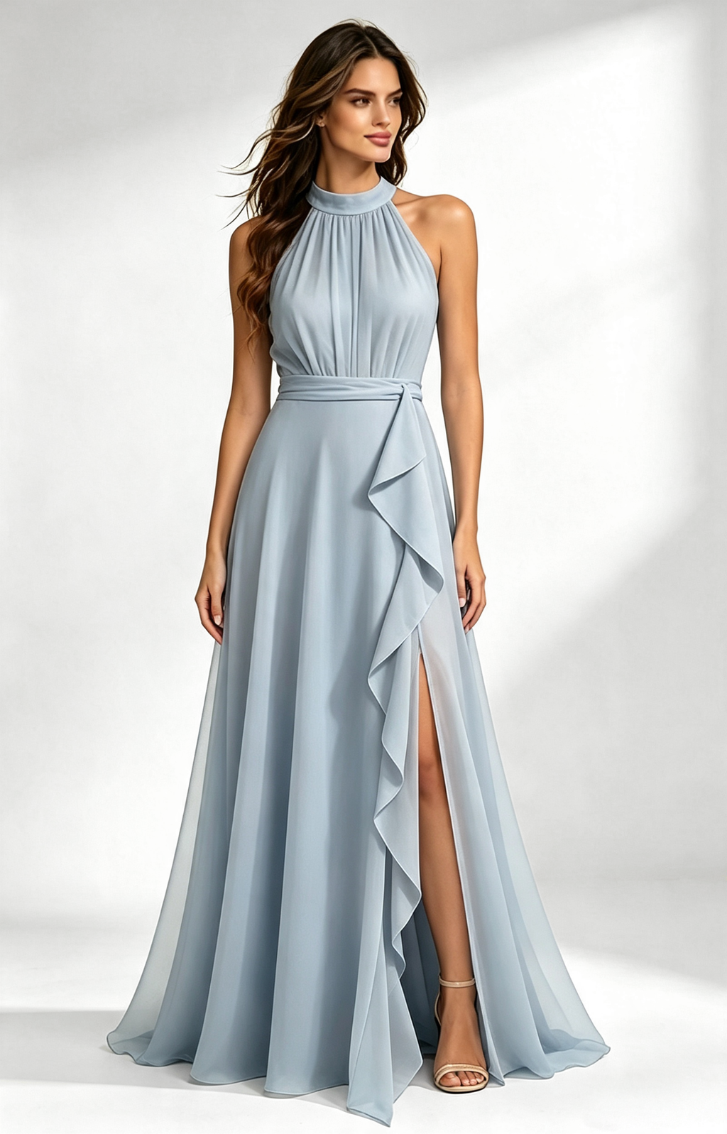 Dusty Blue Halter Neck Chiffon Long Formal Dress Front View