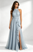 Dusty Blue Halter Neck Chiffon Long Formal Dress Front View