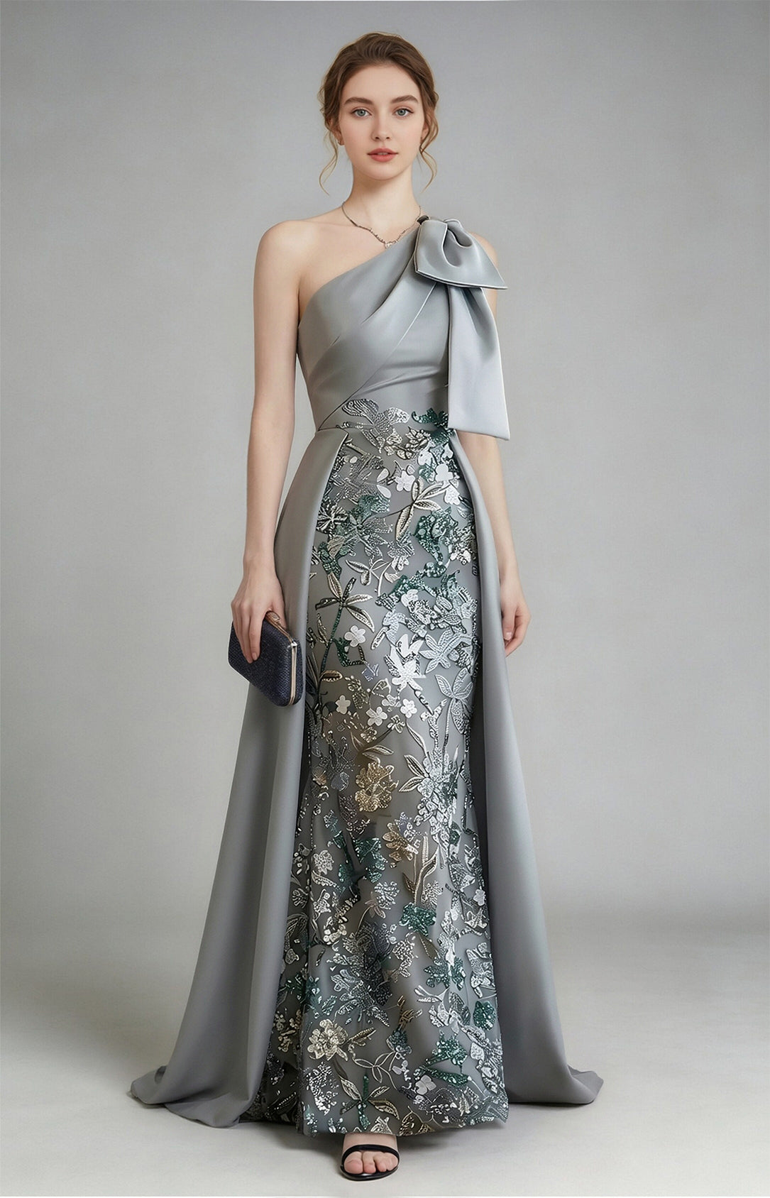 Dusty Blue Heavy Satin One Shoulder Mermaid Homecoming Dress with side bow and floral sequin applique
