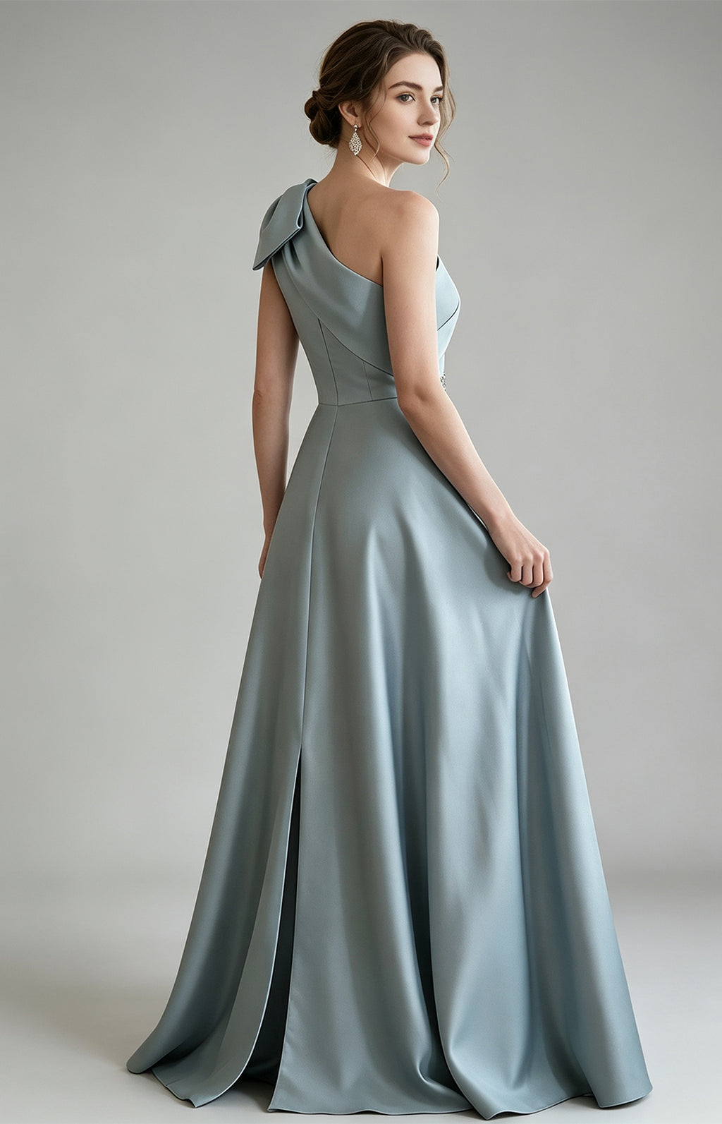 Dusty Blue Premium Heavy Satin One Shoulder Mermaid Homecoming Gown Back View, Floral sequin applique overlay formal dress for women