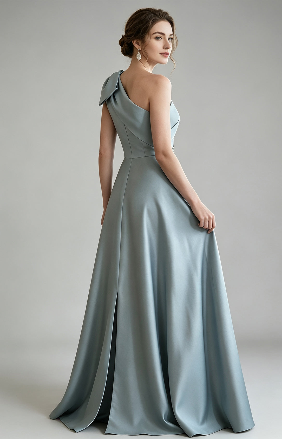 Dusty Blue Premium Heavy Satin One Shoulder Mermaid Homecoming Gown Back View, Floral sequin applique overlay formal dress for women