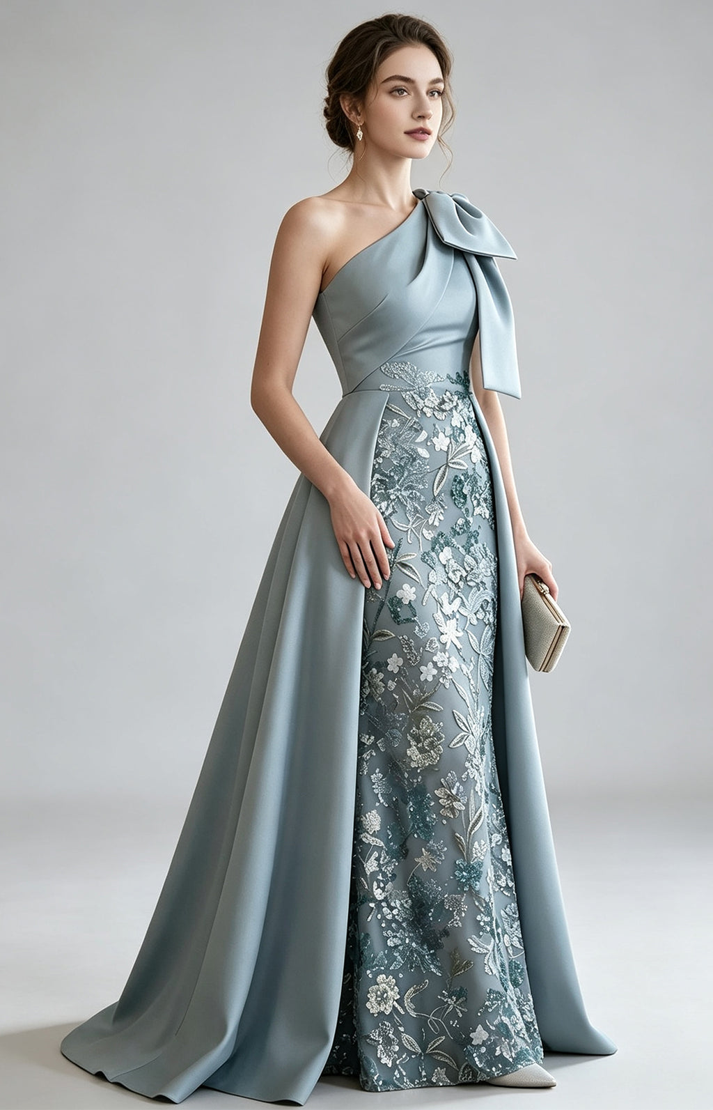 Dusty Blue Premium Satin One Shoulder Mermaid Evening Gown with detachable satin overlay skirt
