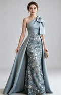 Dusty Blue Premium Satin One Shoulder Mermaid Evening Gown with detachable satin overlay skirt