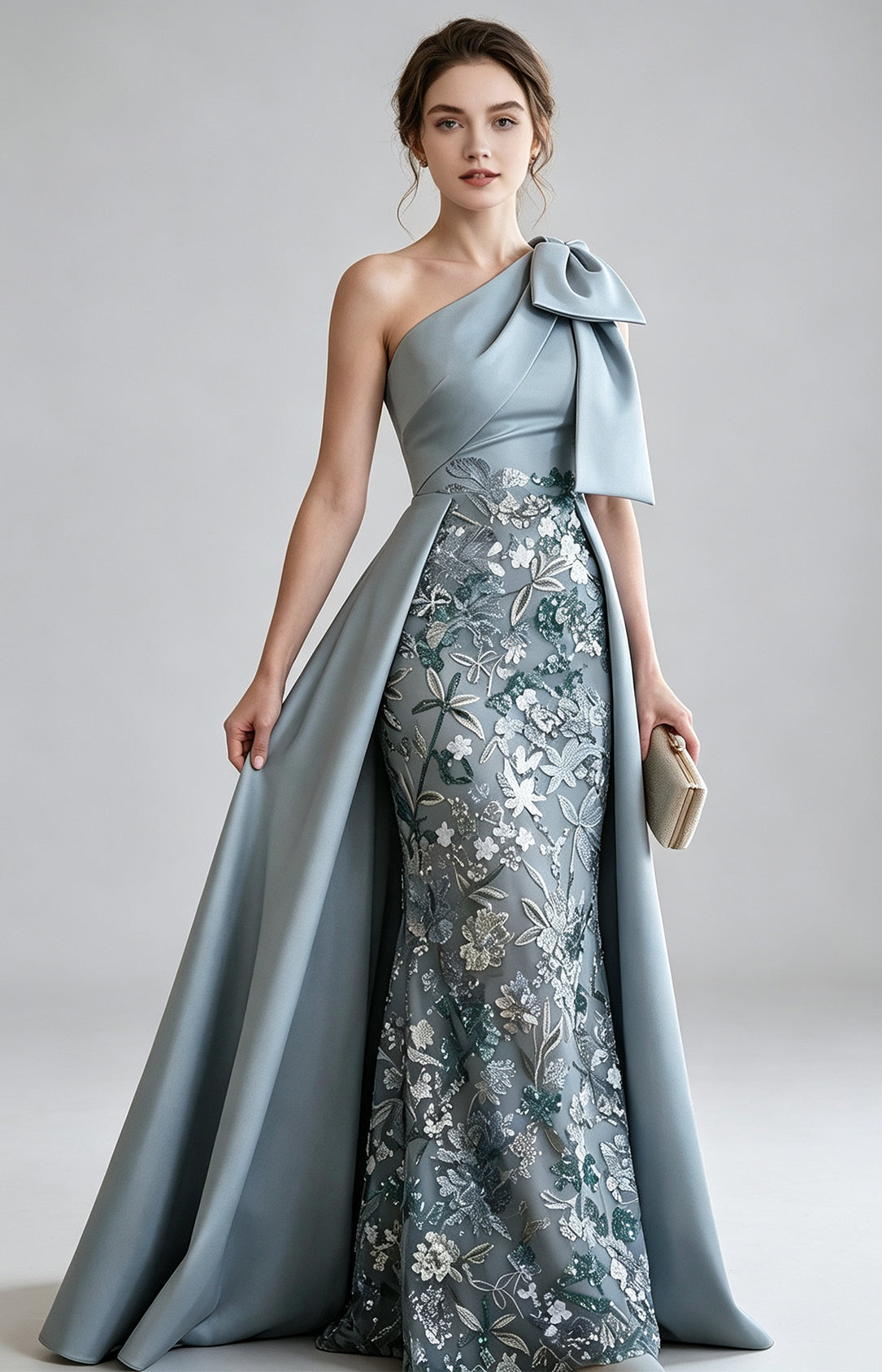 Dusty Blue Premium Satin One Shoulder Mermaid Evening Gown with detachable satin overlay skirt