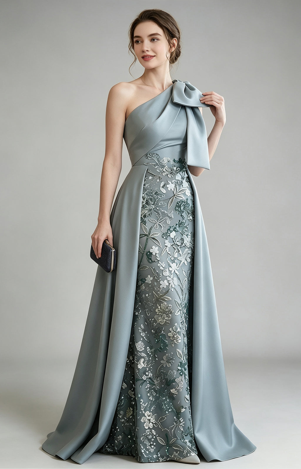 Dusty Blue Premium Satin One Shoulder Mermaid Homecoming Gown, Floral sequin applique overlay evening dress