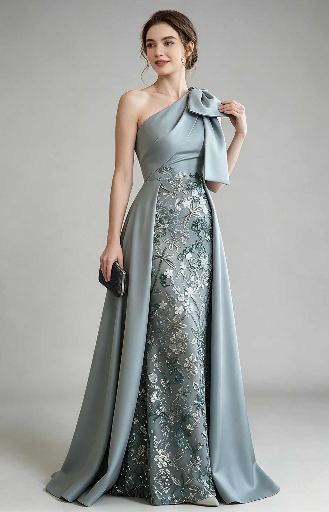 Dusty Blue Premium Satin One Shoulder Mermaid Homecoming Gown, Floral sequin applique overlay evening dress