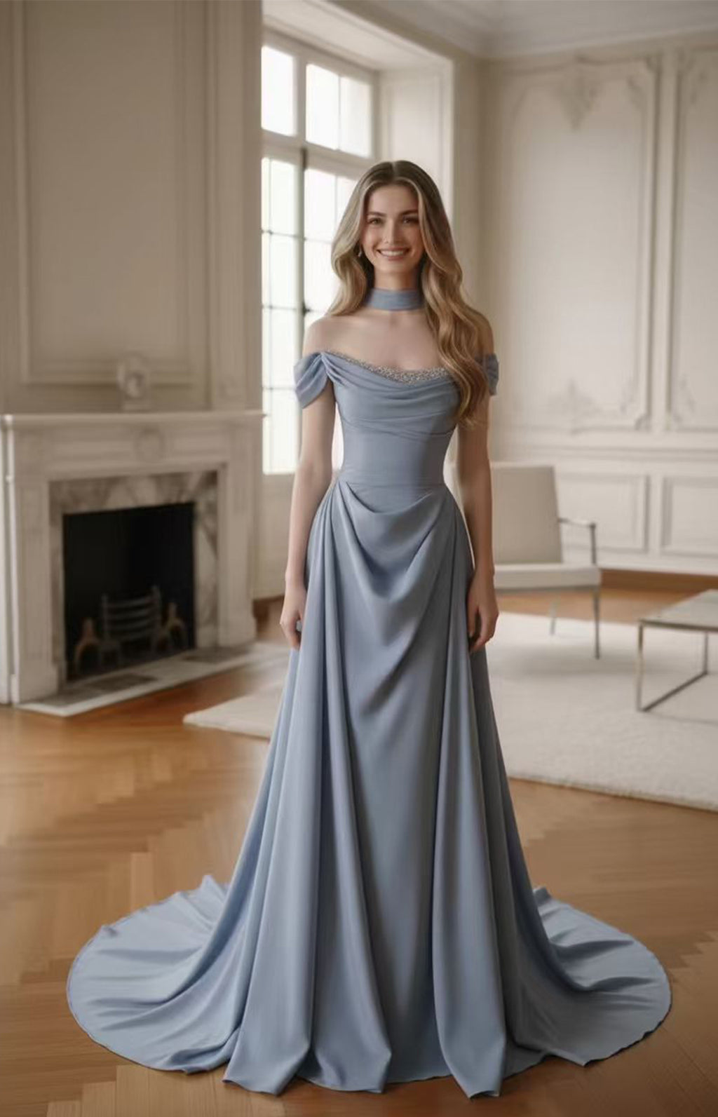Dusty Blue Satin Off-The-Shoulder A-Line Wedding Dress with Corset Back and Chapel Train