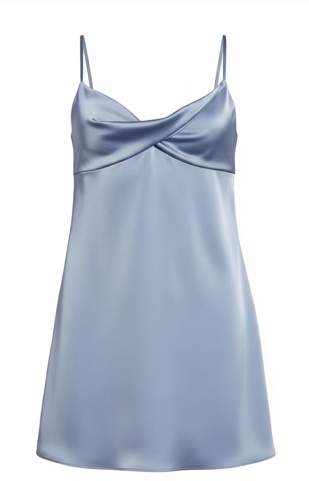 Dusty Blue satin spaghetti strap mini dress adjustable strap front view 