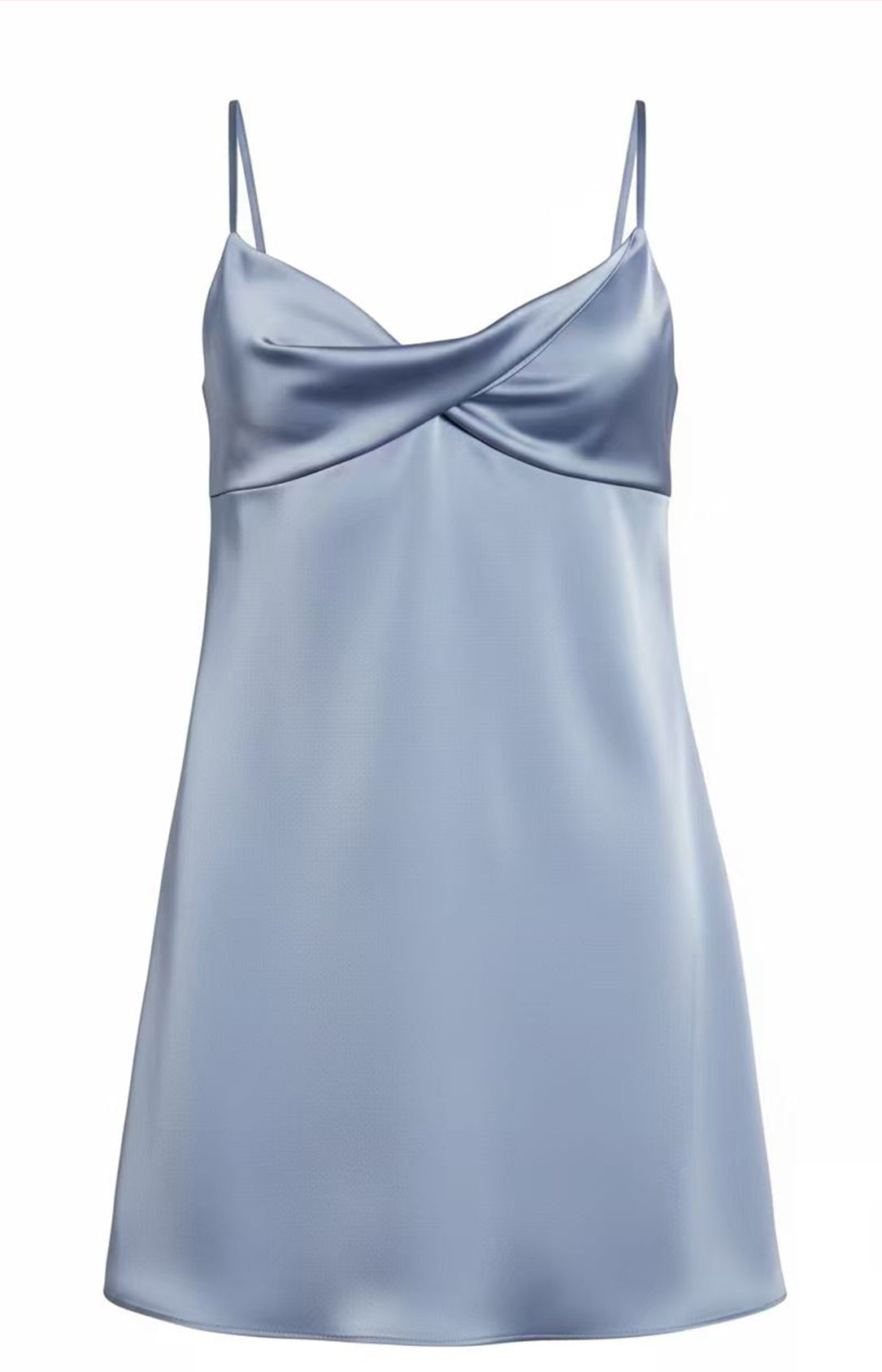 Dusty Blue satin spaghetti strap mini dress adjustable strap front view 