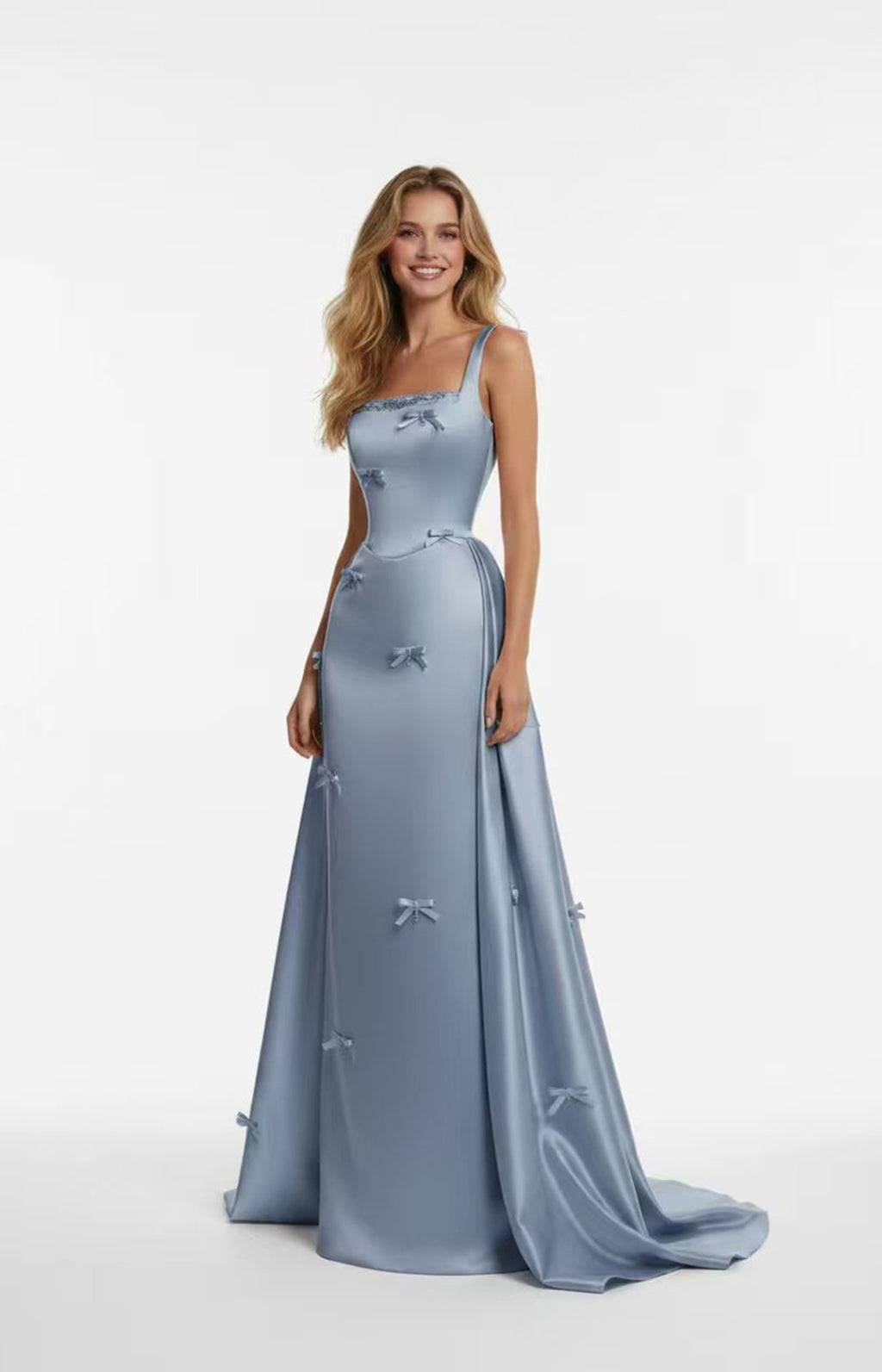 Dusty Blue satin square-neck long prom dress with 3D bows for plus-size women