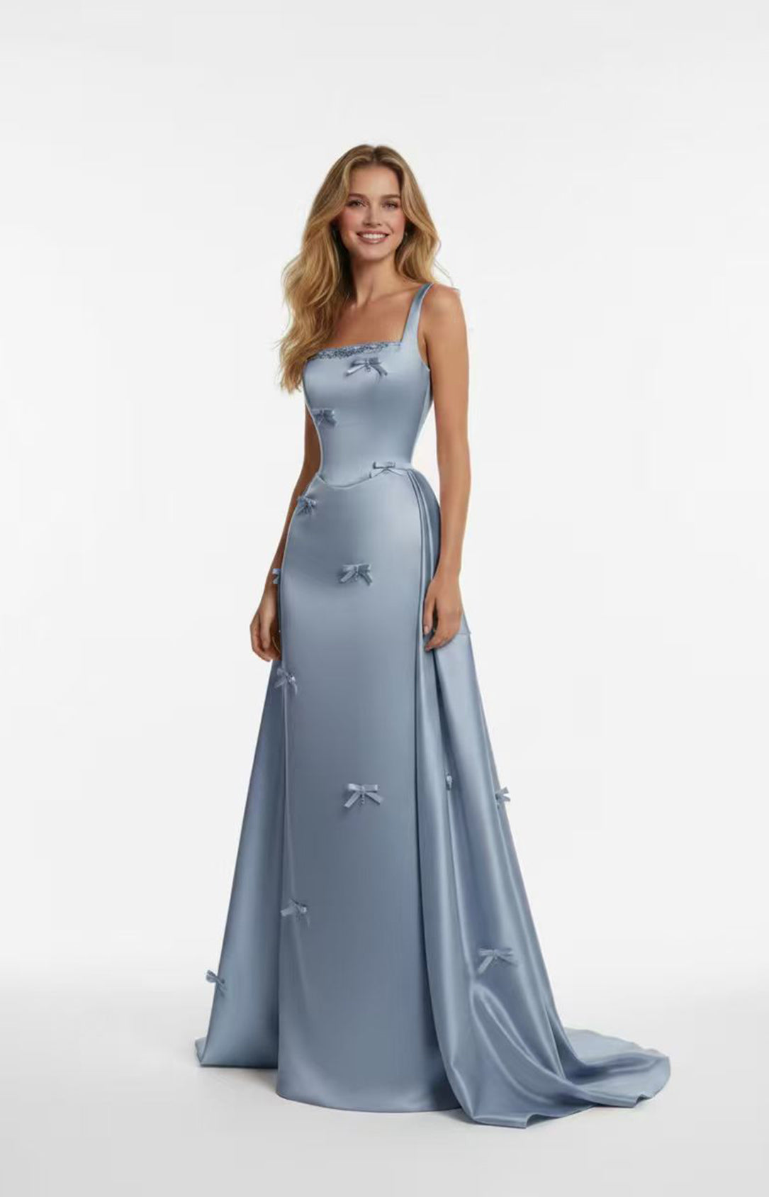 Dusty Blue satin square-neck long prom dress with 3D bows for plus-size women