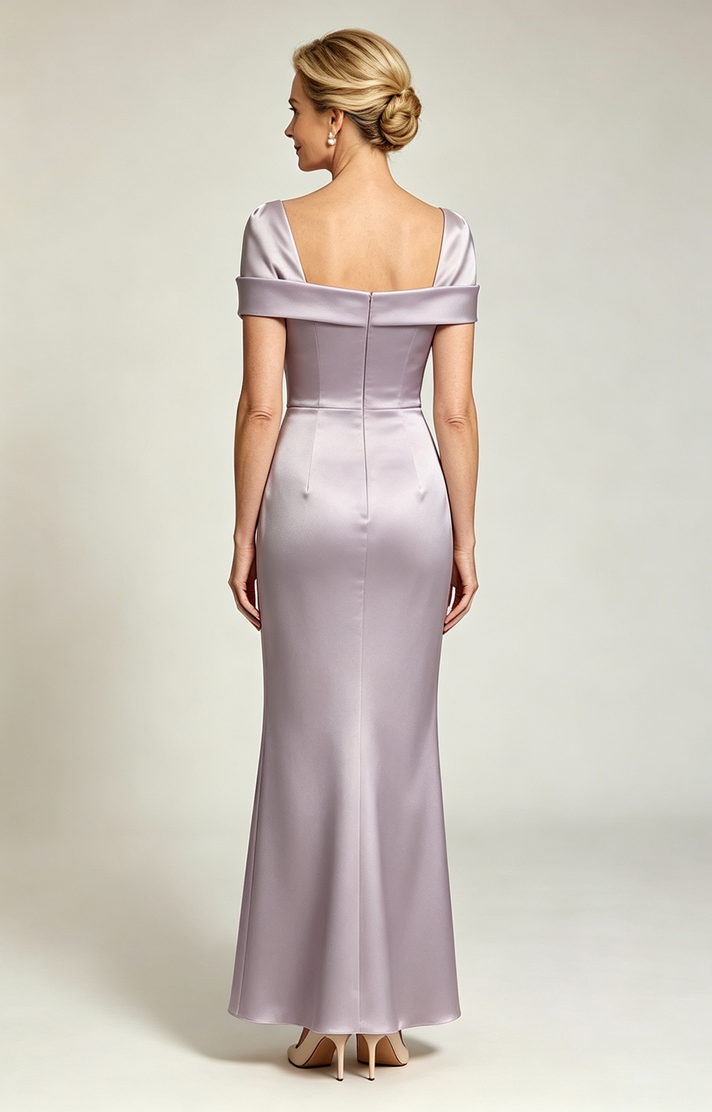 Dusty Lavender Champagne Convertible Off Shoulder Satin Mermaid Evening Gown Formal Mother of Bride Dress Back View