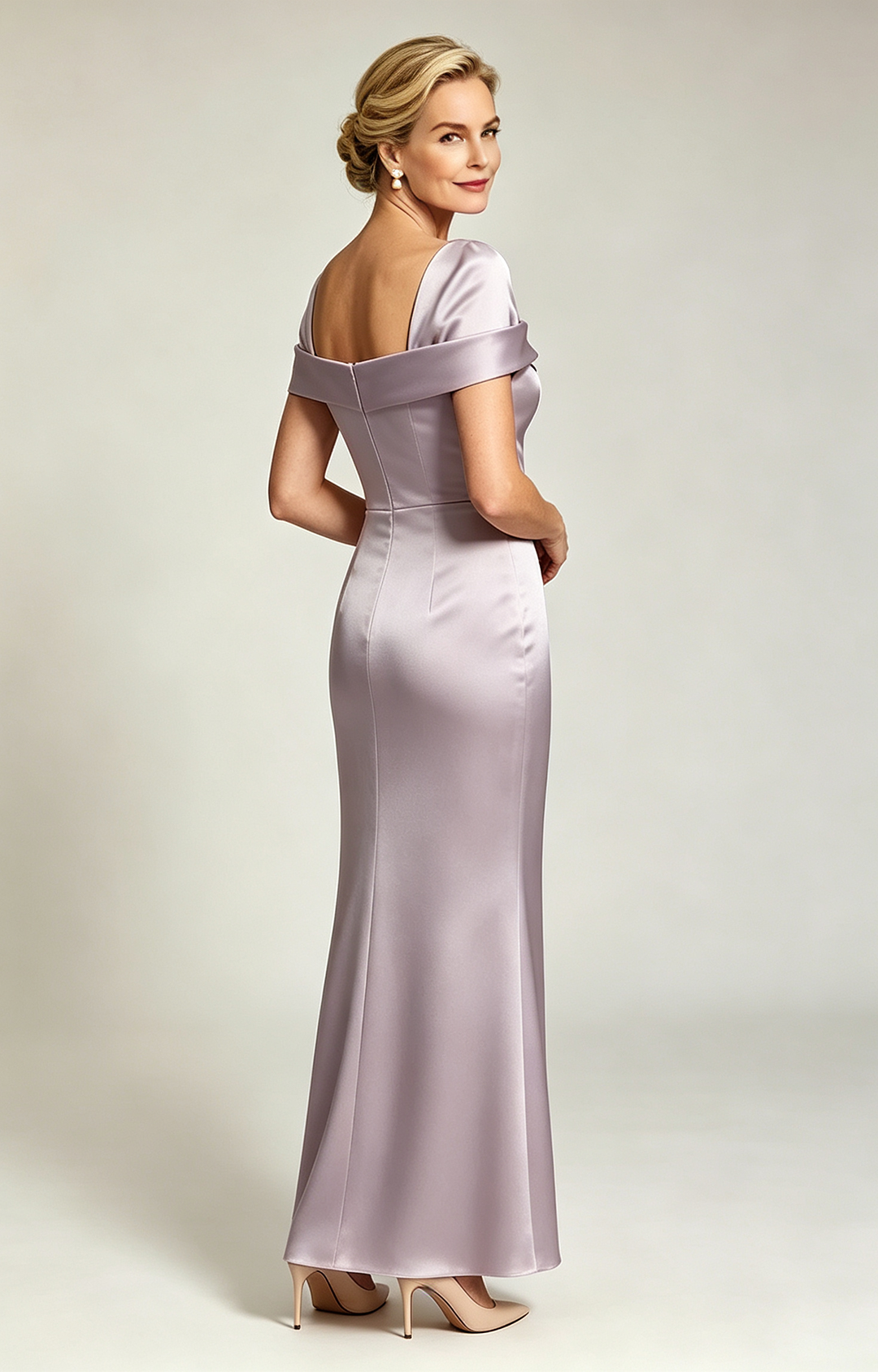 Dusty Lavender Champagne Convertible Off Shoulder Satin Mermaid Evening Gown Formal Mother of Bride Dress Back View