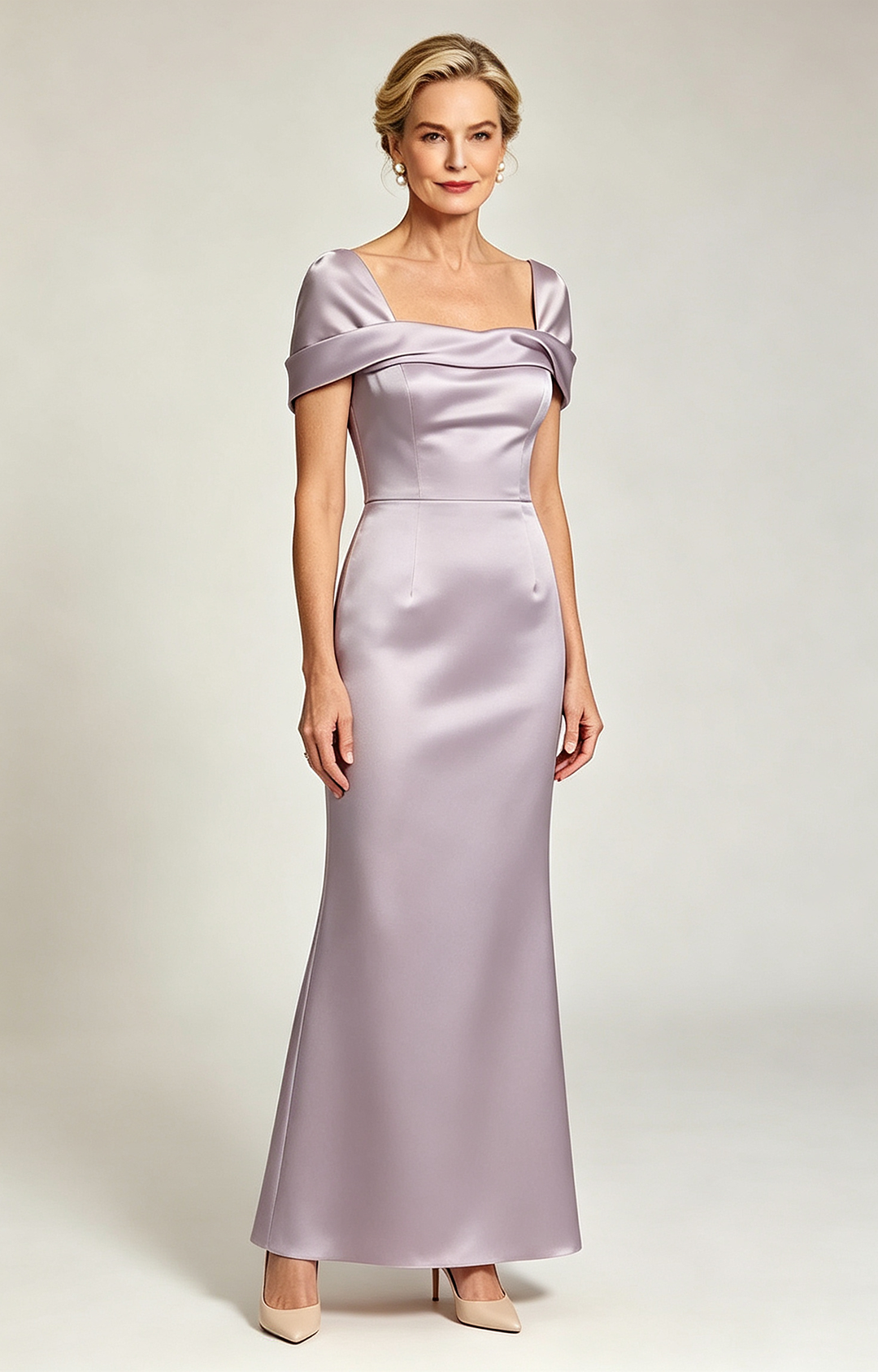 Dusty Lavender Champagne Convertible Off Shoulder Satin Mermaid Evening Gown Formal Mother of Bride Dress FrontView